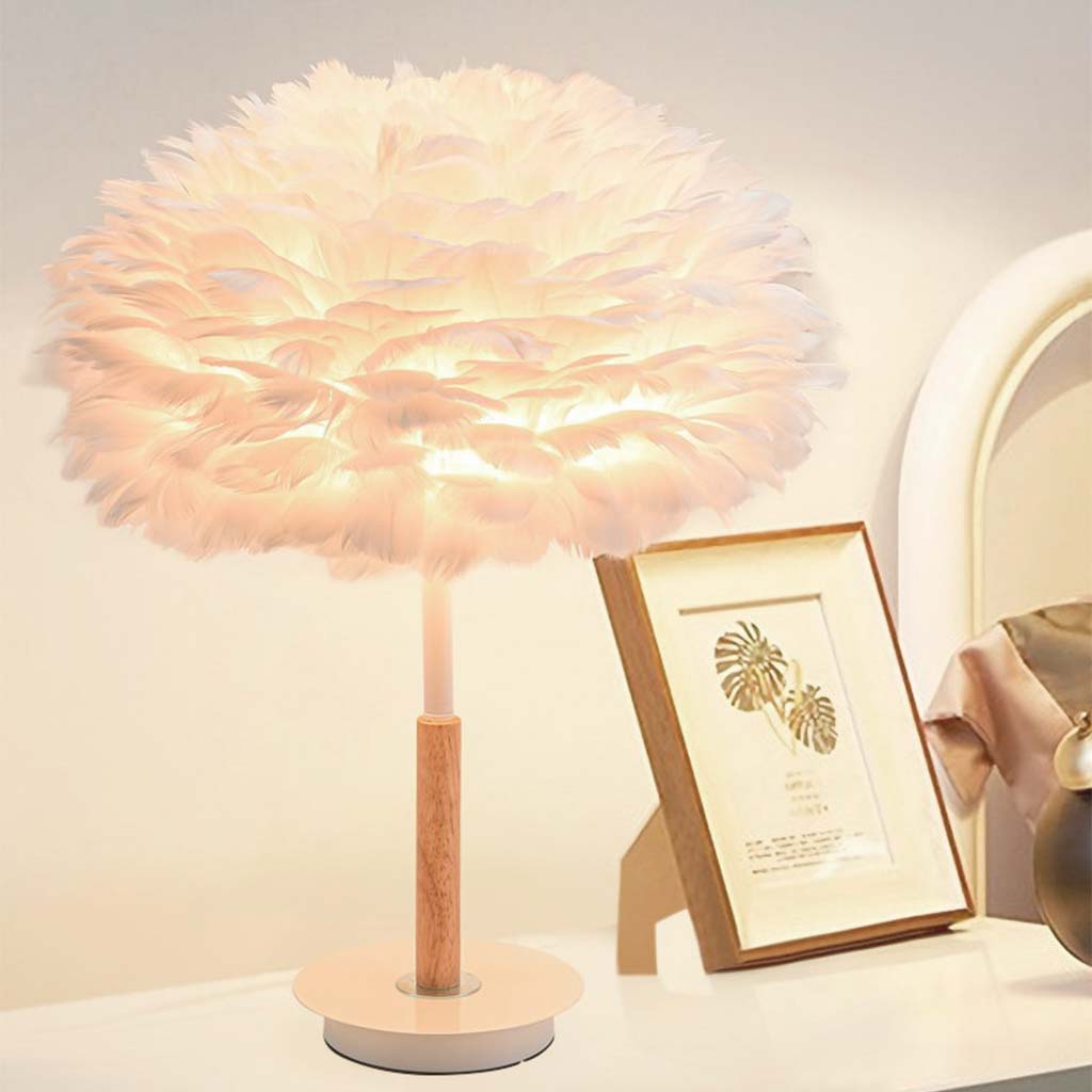 Feather Bedside Table Lamp Minimalist Bloom with Wood & Metal Body, White