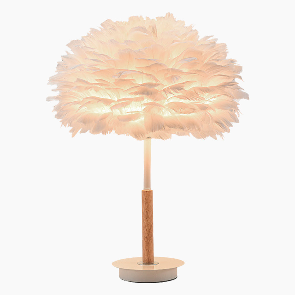 Feather Bedside Table Lamp Minimalist Bloom with Wood & Metal Body, White
