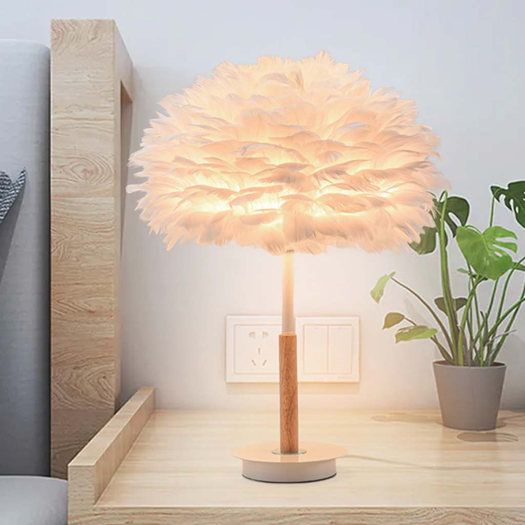 Feather Bedside Table Lamp Minimalist Bloom with Wood & Metal Body, White