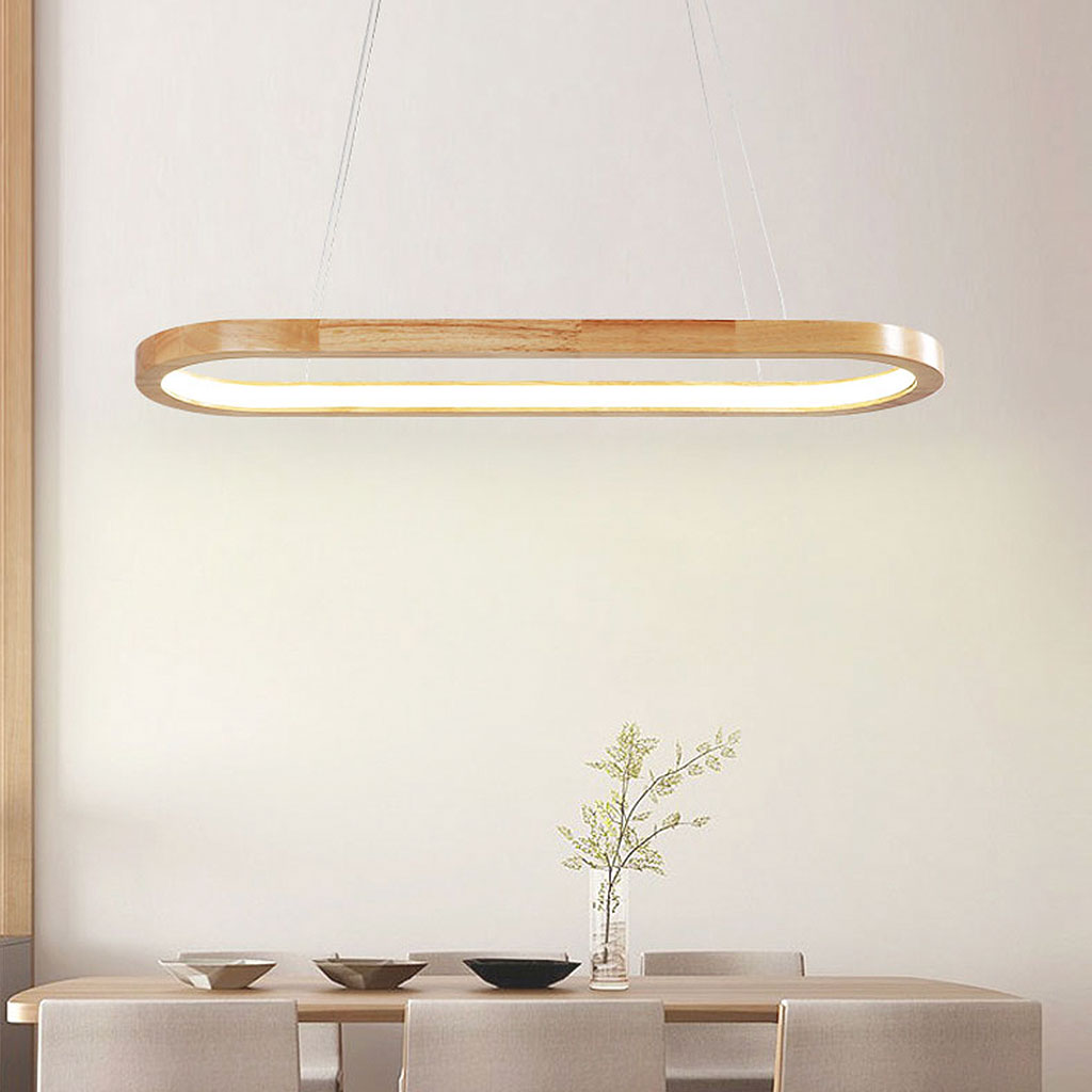 Wood Pendant Light Chandelier Modern Minimalist Oval Linear for Dining Room, Wood