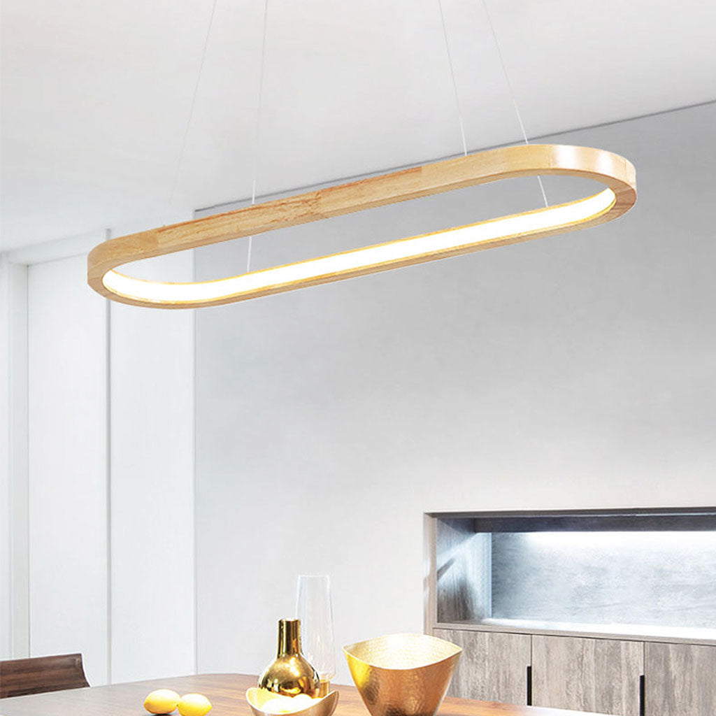 Wood Pendant Light Chandelier Modern Minimalist Oval Linear for Dining Room, Wood