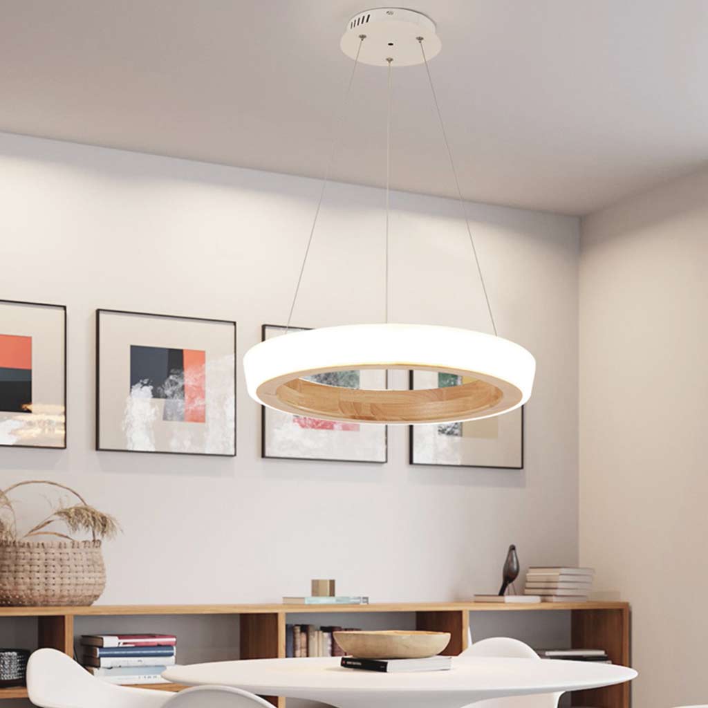 Pendant Chandelier Modern Wood Acrylic Ring, Log Color