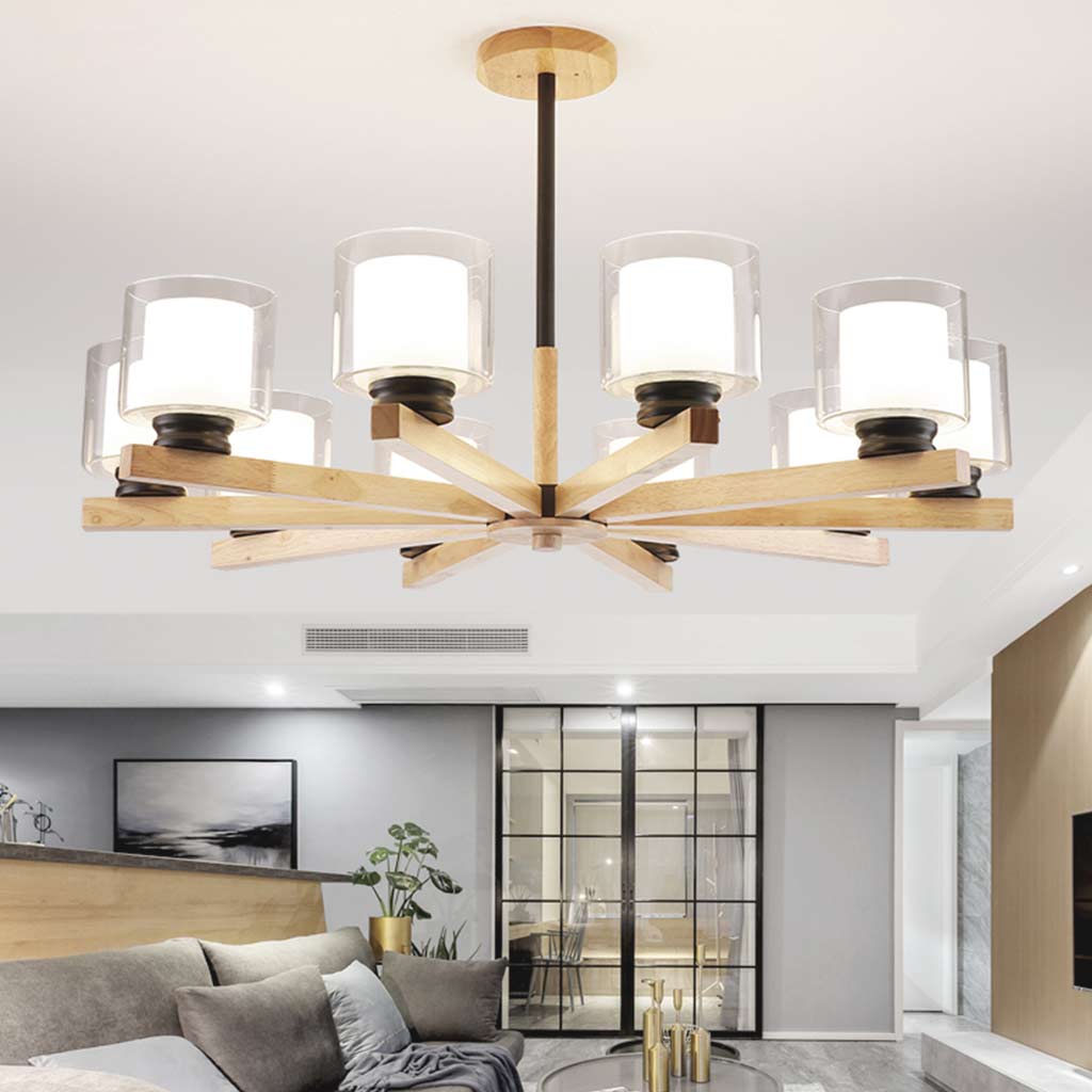 Chandelier Ceiling Light Modern Wood Glass Cylinder, Black/White
