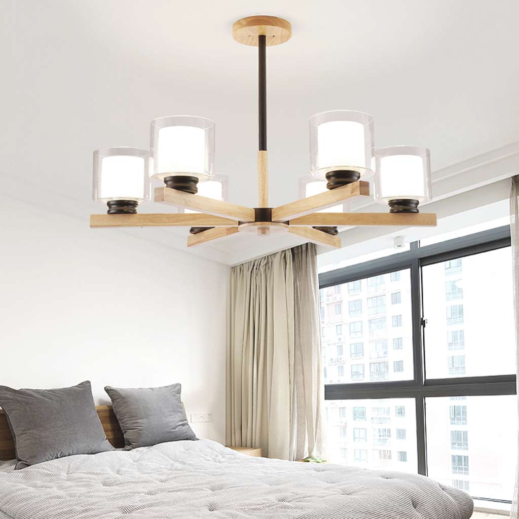 Chandelier Ceiling Light Modern Wood Glass Cylinder, Black/White