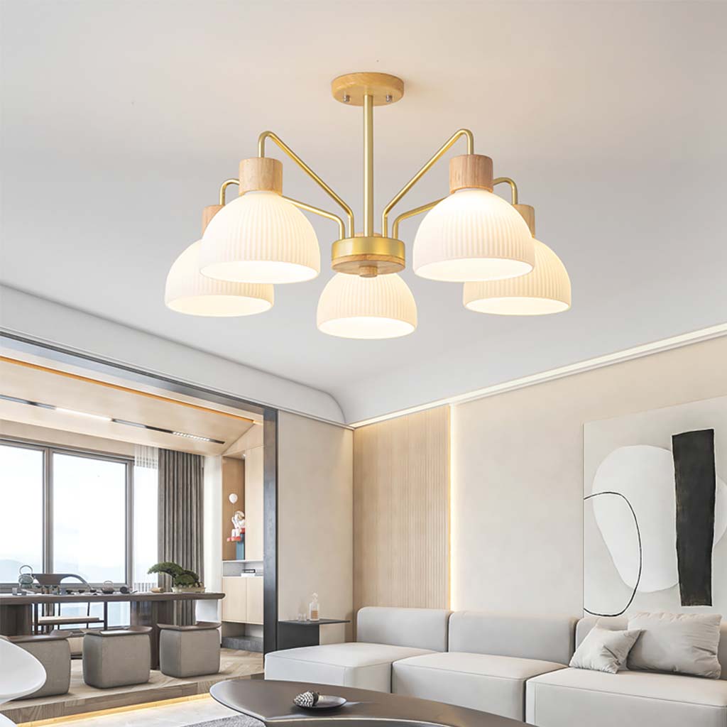 Semi Flush Mount Ceiling Light Chandelier Modern for Living Room, Wood & Glass