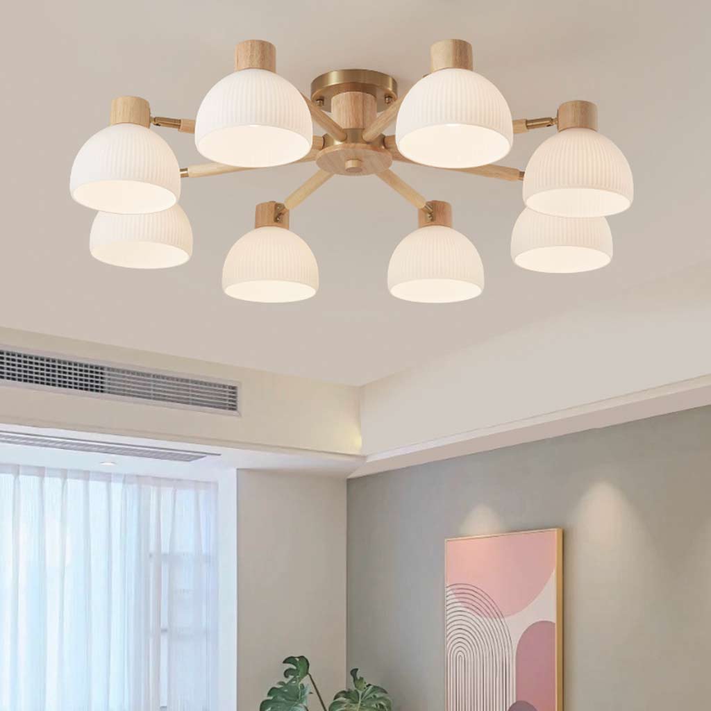 Modern Chandelier Ceiling Light Semi Flush Mount, Wood & Glass