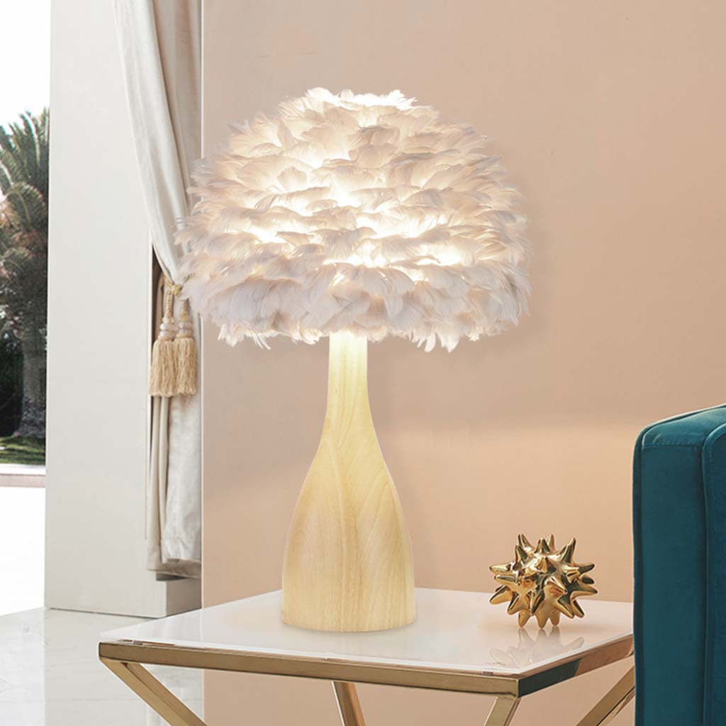 Feather Table Lamp Wood Modern for Reading, White