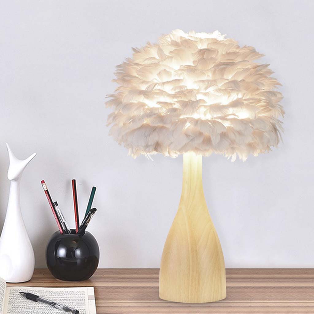 Feather Table Lamp Wood Modern for Reading, White