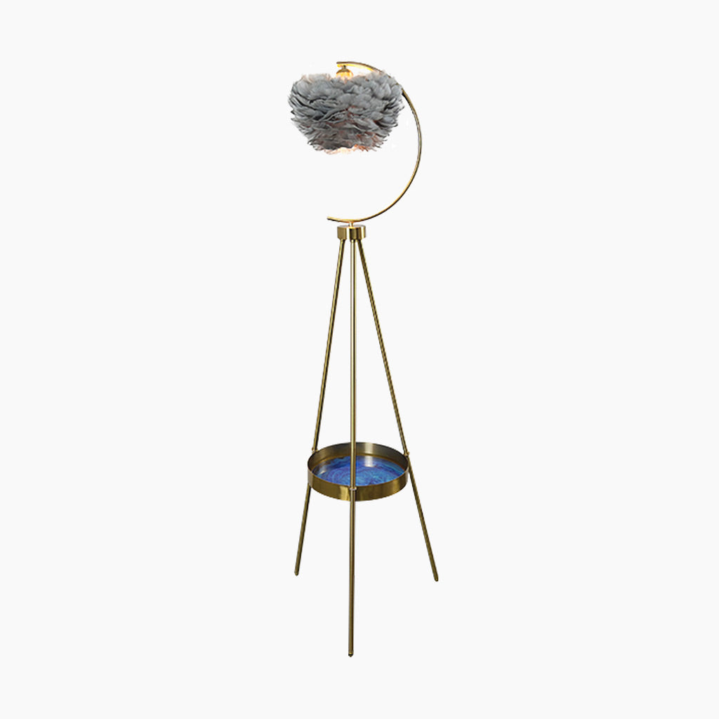 Floor Lamp Tripod Nordic Style with Tray & Feather Globe Shade