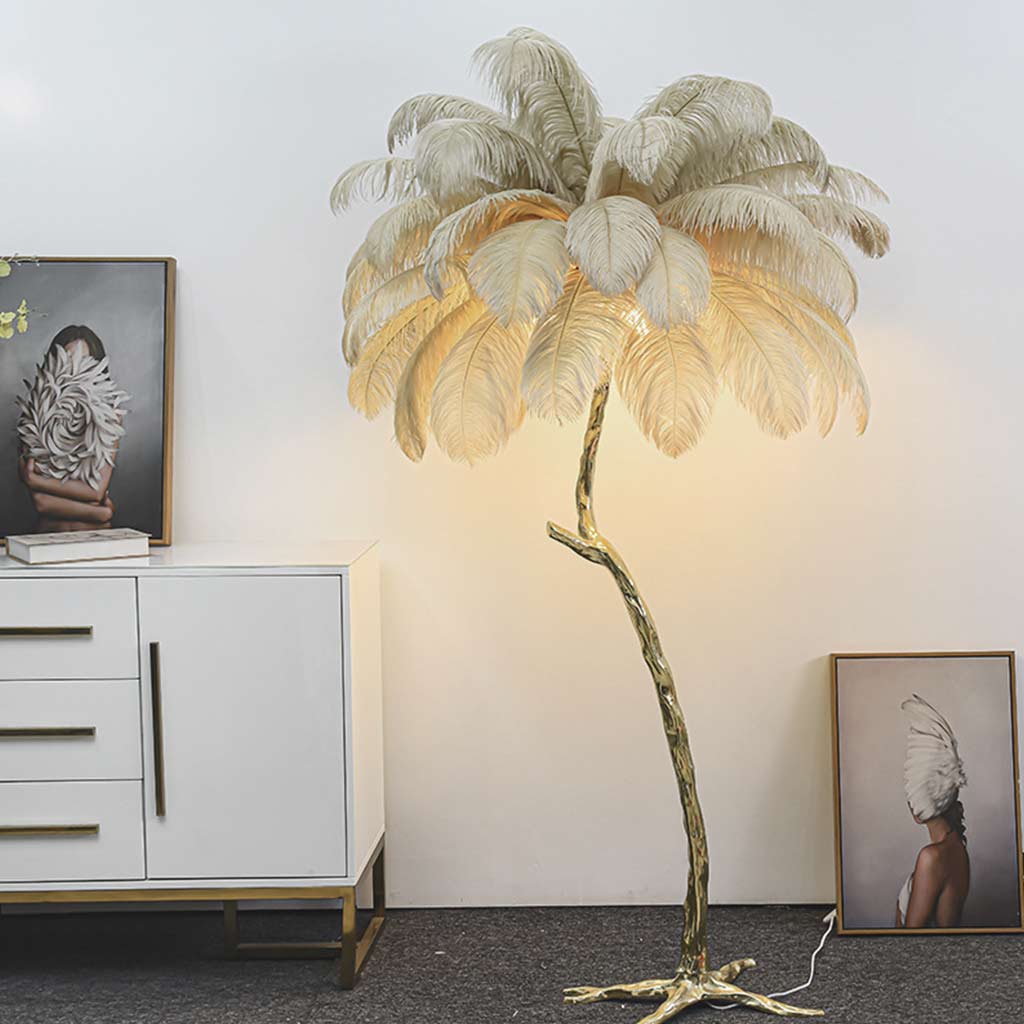 Ostrich Feather Copper Brass Tree Floor Lamp Luxury 70", 4 Colors