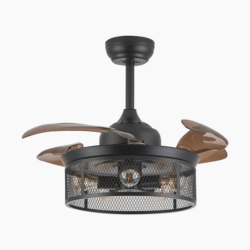 Ceiling Fan Light Cage Fandelier Retro with Retractable Blades, Coffee