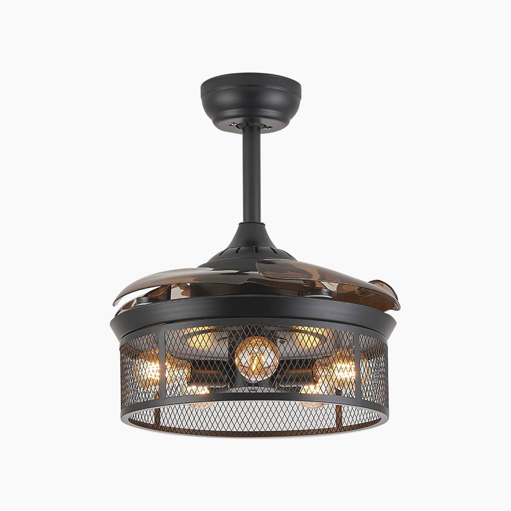 Ceiling Fan Light Cage Fandelier Retro with Retractable Blades, Coffee