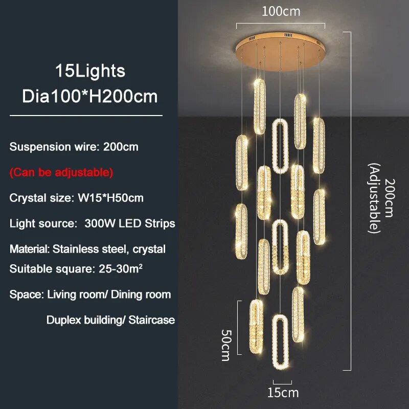 YLK Oval Long LED Crystal chandelier for staircase luxury lobby hallway hanging light
