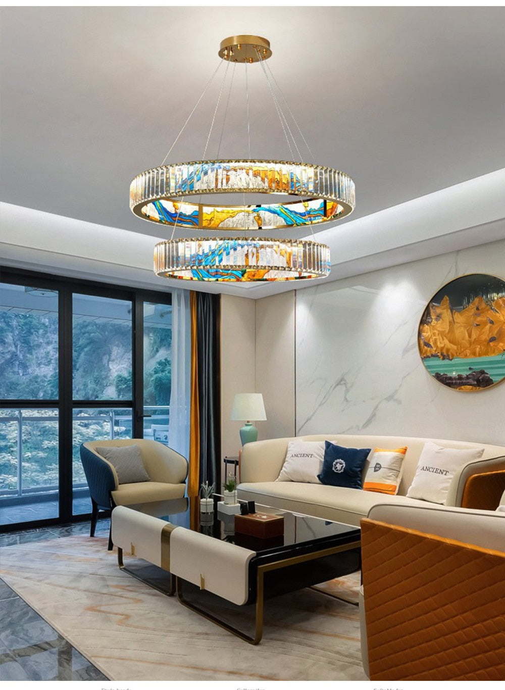 MAK Colored-Map Wall/Pendant/Ceiling Chandelier Dimmable LED Stained Glass Oval Gold Post-modern