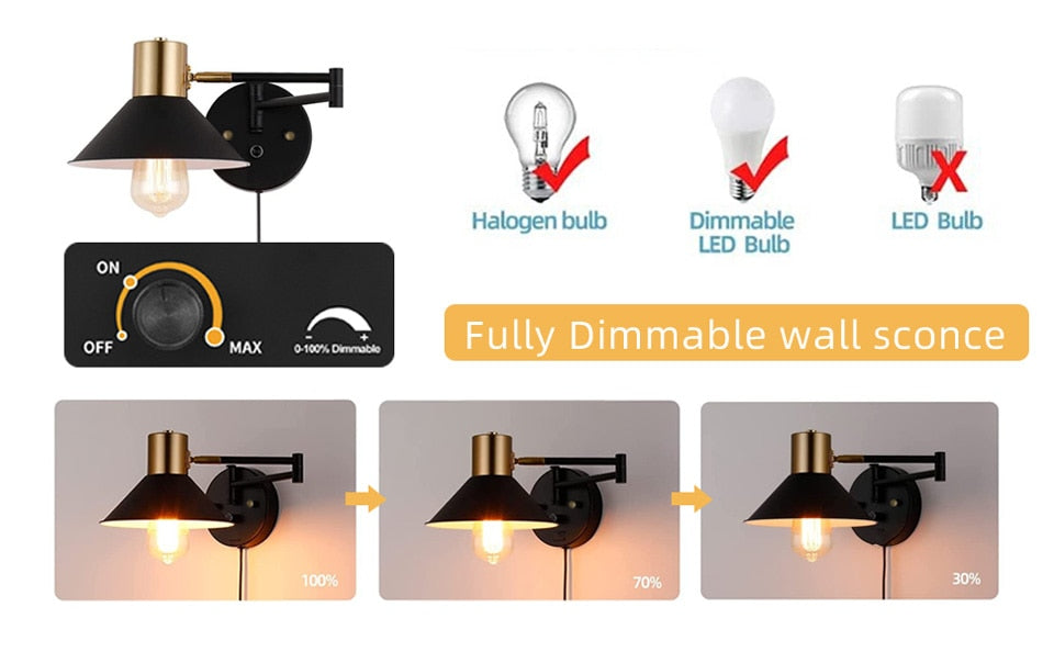 AiS Indoor Wall Lamp Dimmable E26 Bulb, Metal Adjustable Swing Arm