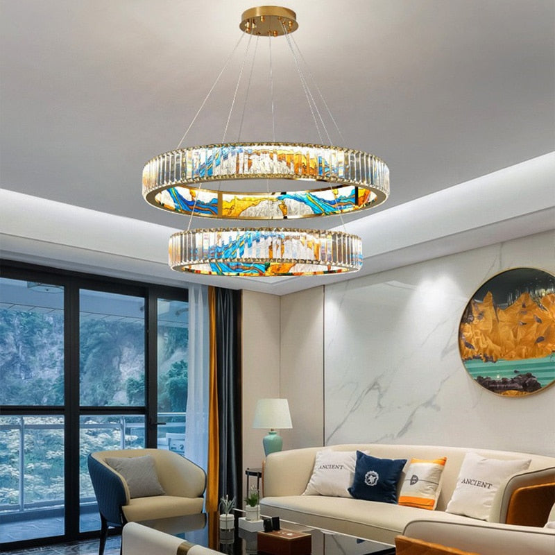 MAK Colored-Map Wall/Pendant/Ceiling Chandelier Dimmable LED Stained Glass Oval Gold Post-modern