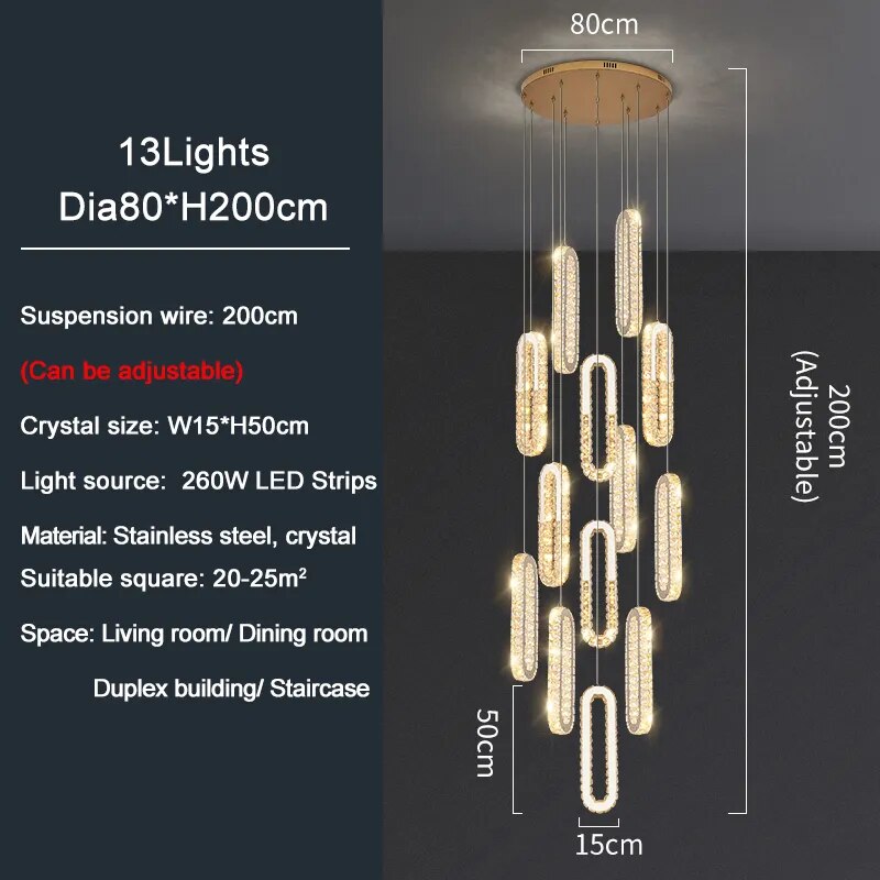 YLK Oval Long LED Crystal chandelier for staircase luxury lobby hallway hanging light