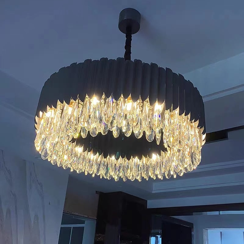 IND Modern Luxury Crystal Round Gold Black Chandelier Light