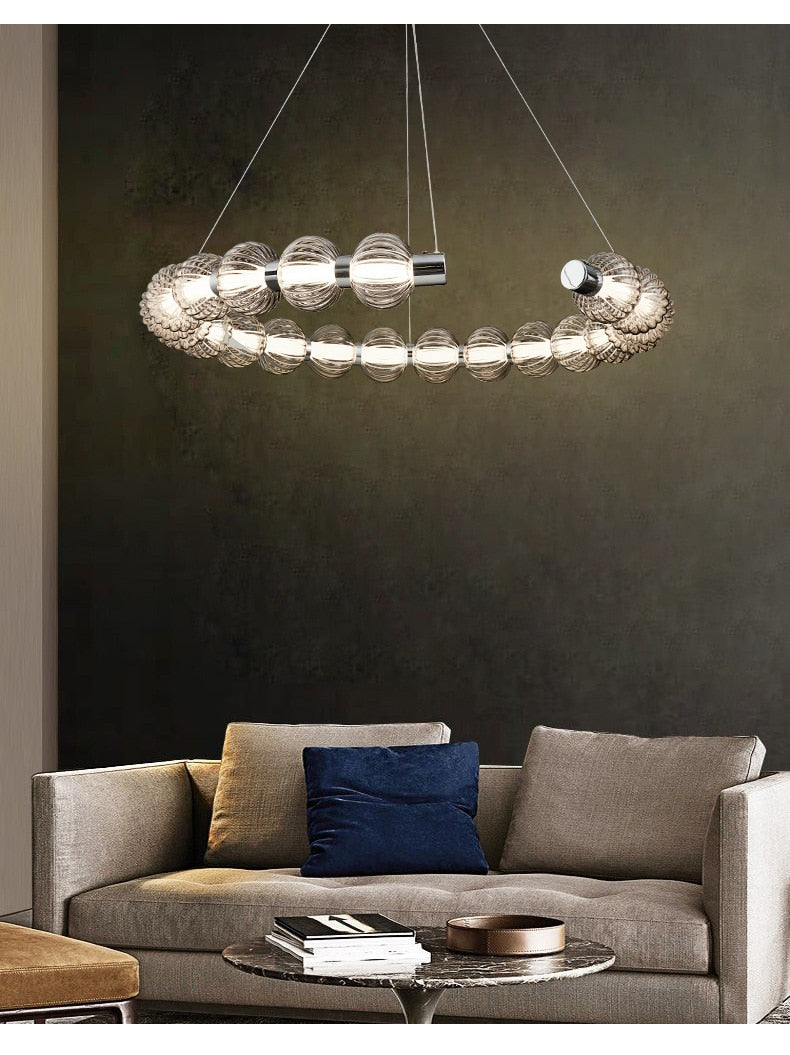 APEX Circular Ring Chrome LED Chandelier Pearl Necklace Style