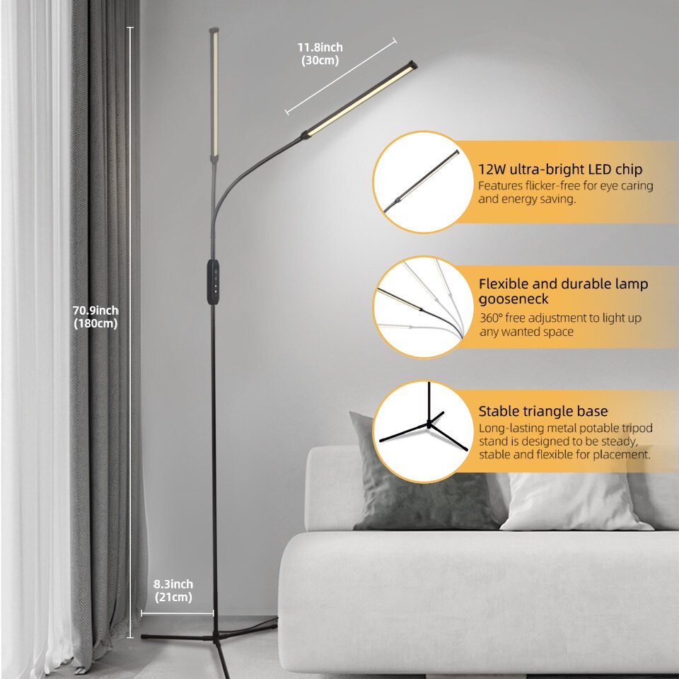 AiS Dimmable Floor Lamp 12W Timer Memory Function Gooseneck Adjust Touch