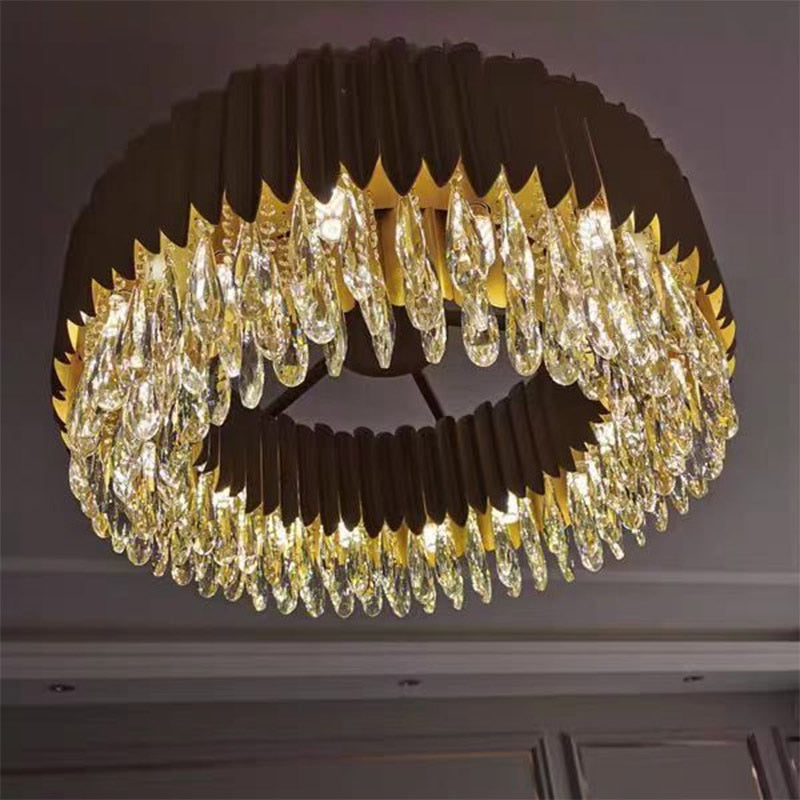 IND Modern Luxury Crystal Round Gold Black Chandelier Light