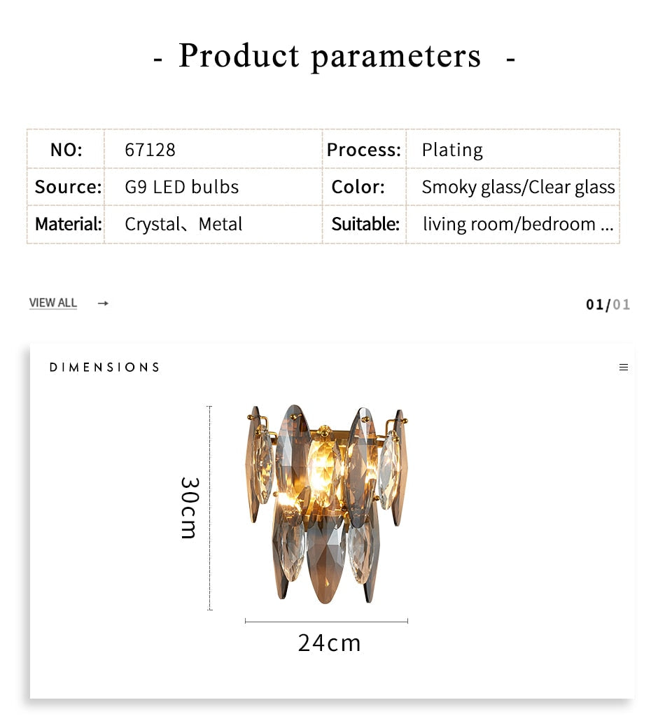 Ylk Gold Luxury Gray Crystal Wall Lamp