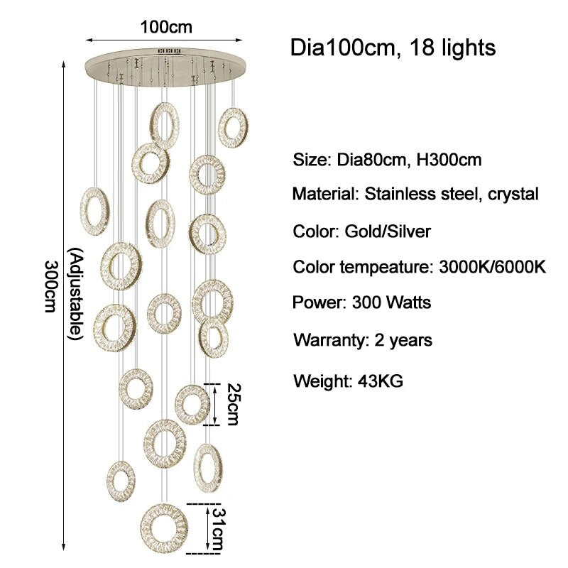 YLK Ring Design modern crystal chandelier for staircase long villa hall hanging
