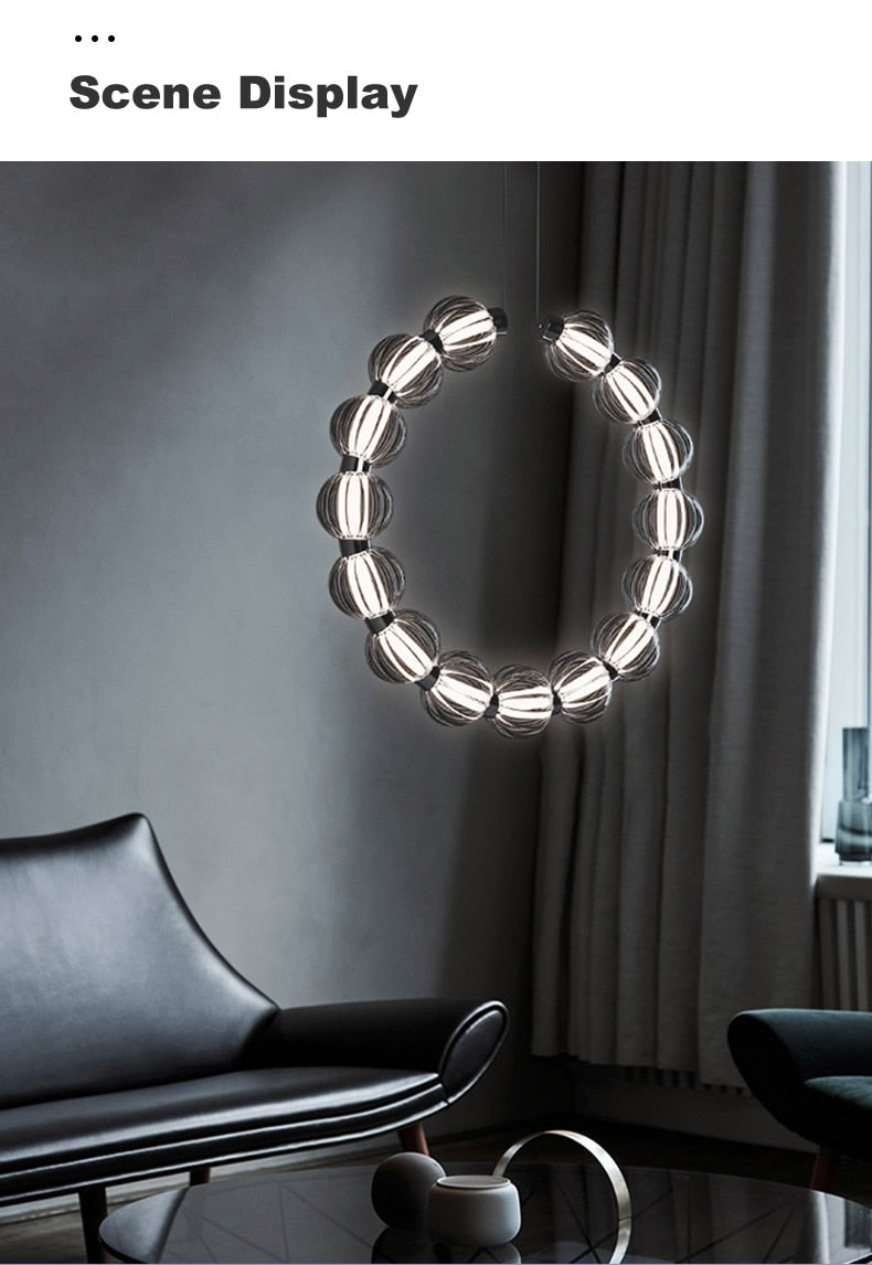 APEX Circular Ring Chrome LED Chandelier Pearl Necklace Style