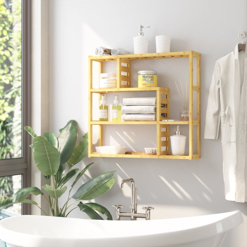 Lisbet - Shower Shelves 3-Tier Bamboo Bathroom Wood Shelves