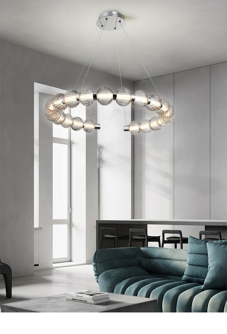 APEX Circular Ring Chrome LED Chandelier Pearl Necklace Style