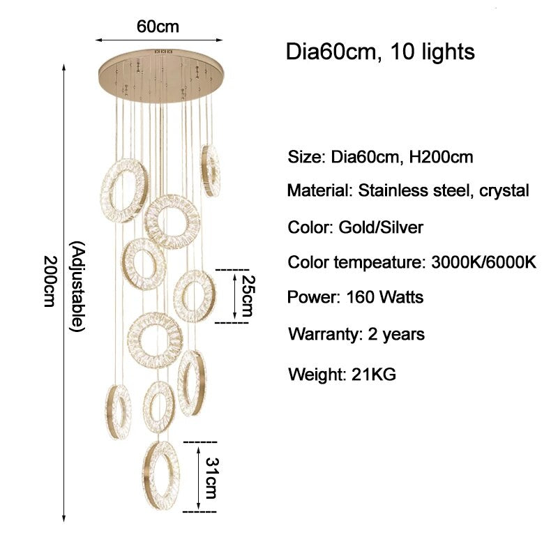 YLK Ring Design modern crystal chandelier for staircase long villa hall hanging