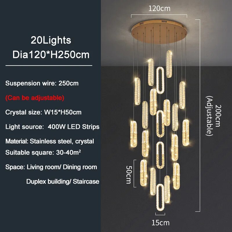 YLK Oval Long LED Crystal chandelier for staircase luxury lobby hallway hanging light