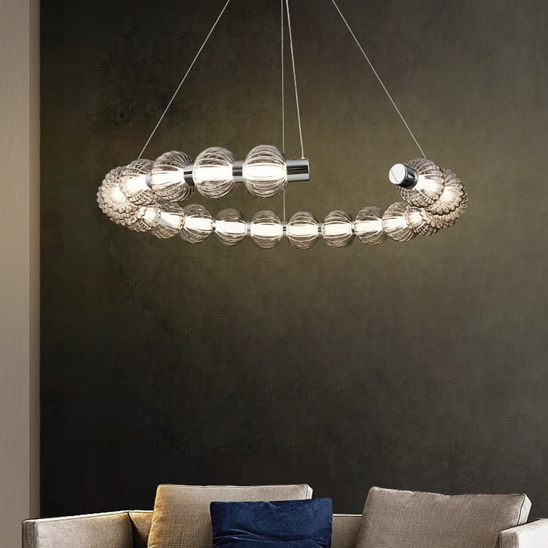 APEX Circular Ring Chrome LED Chandelier Pearl Necklace Style