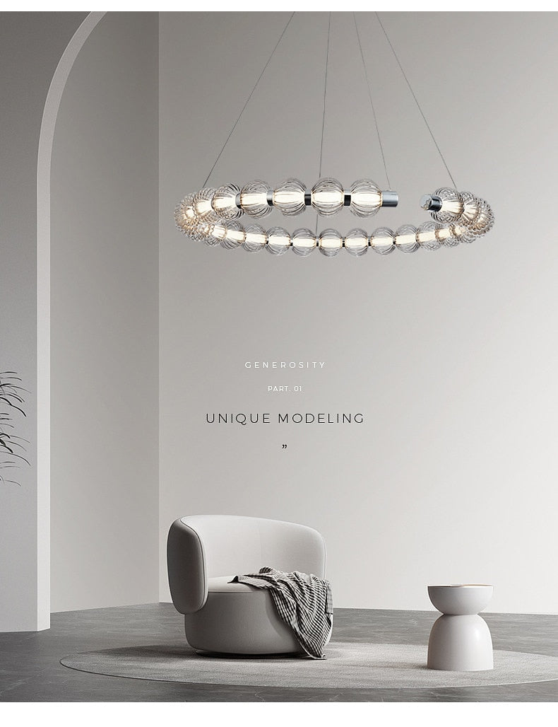 APEX Circular Ring Chrome LED Chandelier Pearl Necklace Style