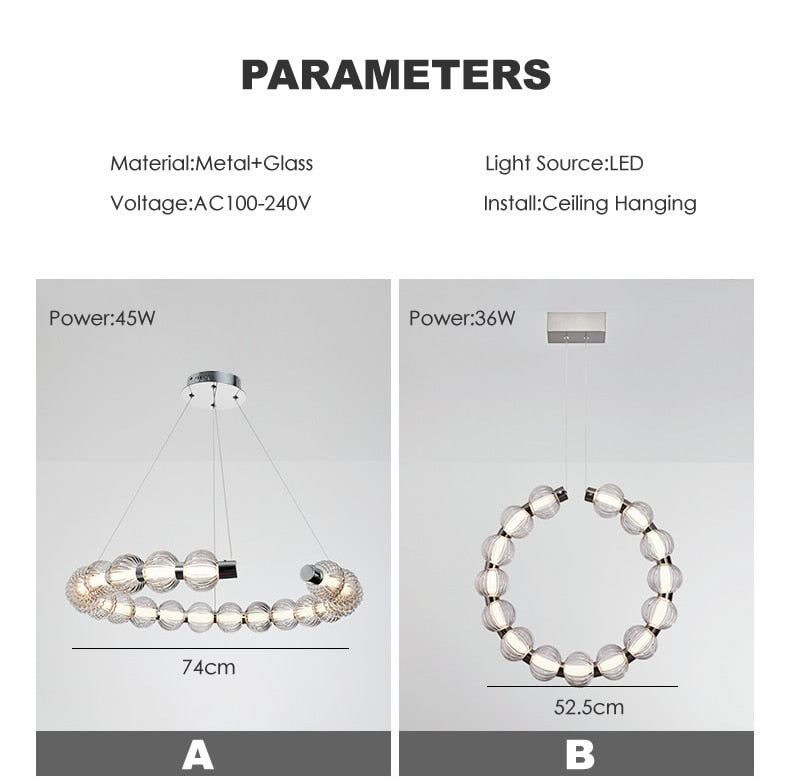 APEX Circular Ring Chrome LED Chandelier Pearl Necklace Style