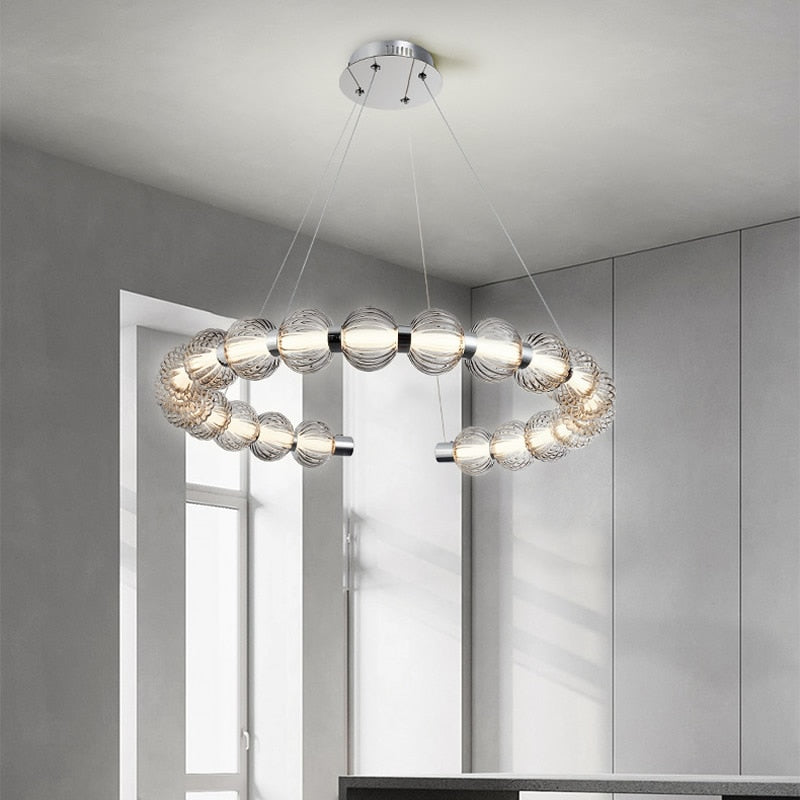 APEX Circular Ring Chrome LED Chandelier Pearl Necklace Style