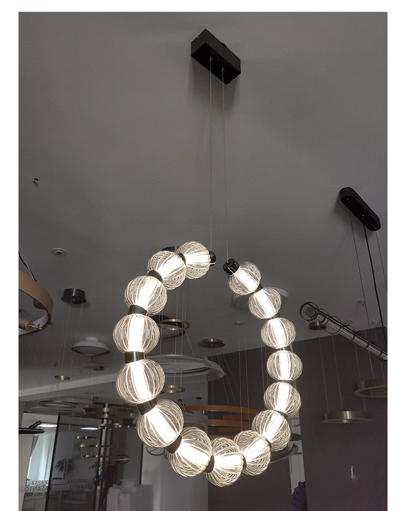 APEX Circular Ring Chrome LED Chandelier Pearl Necklace Style