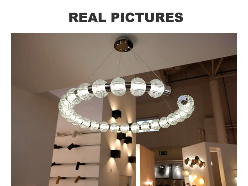 APEX Circular Ring Chrome LED Chandelier Pearl Necklace Style