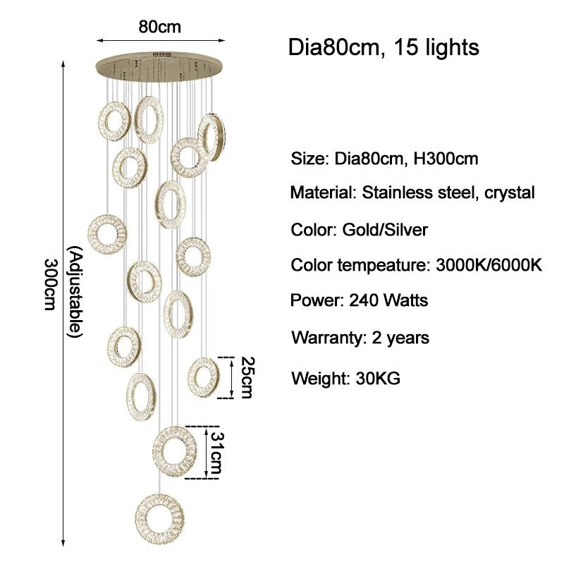 YLK Ring Design modern crystal chandelier for staircase long villa hall hanging