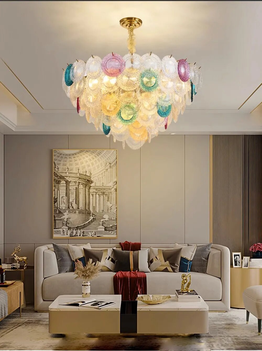 Kolia Home Deco Colorized Glass Silver Gold Ceiling Chandelier