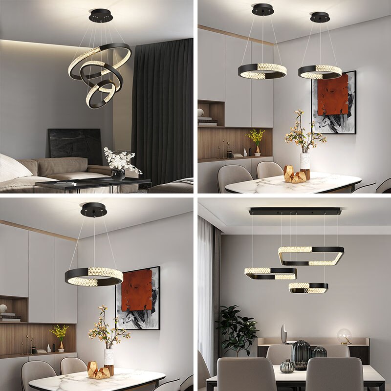 Indoors Ahsan - Gold Black Circle Rectangular Chandeliers Ceiling Lights