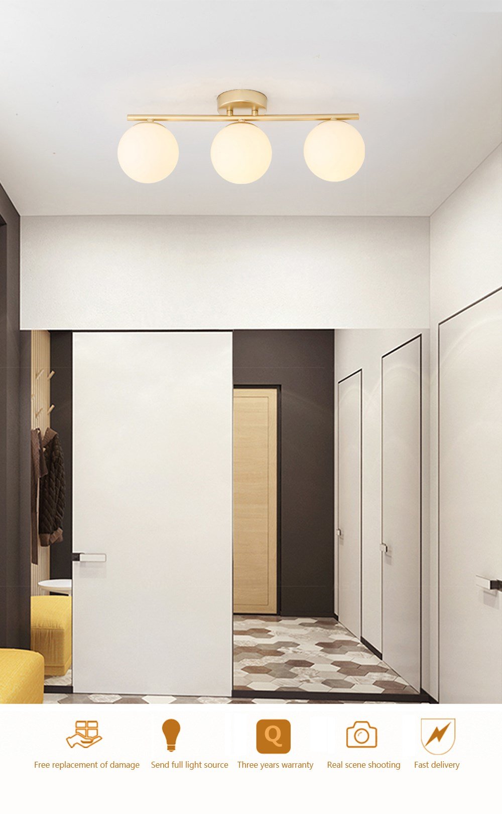 DAR Nordic LED Glass Ceiling Light White Ball Creative Golden