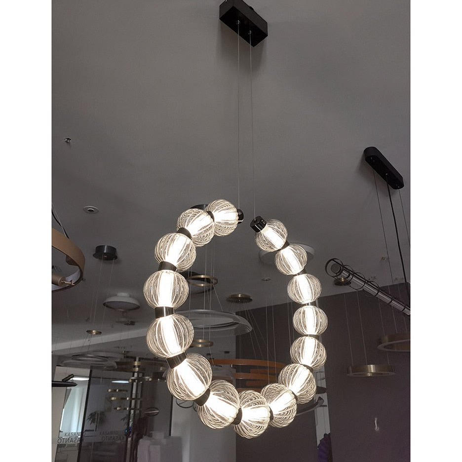 APEX Circular Ring Chrome LED Chandelier Pearl Necklace Style