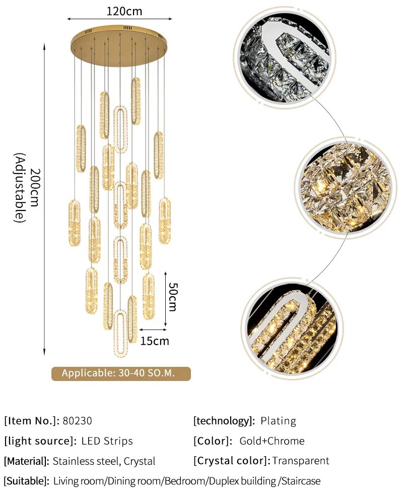 YLK Oval Long LED Crystal chandelier for staircase luxury lobby hallway hanging light