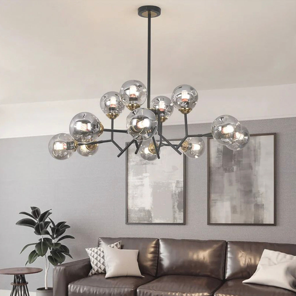 Chandelier Stylish Smokey Grey Glass Globe Bubble, 12 Lights