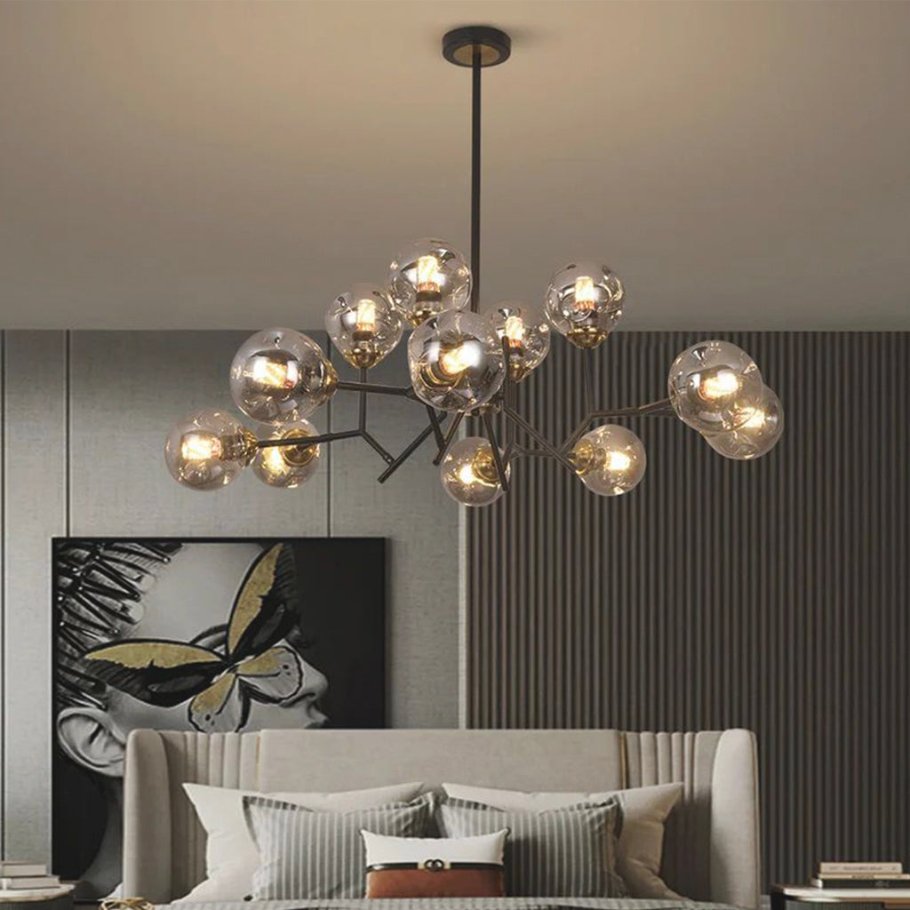 Chandelier Stylish Smokey Grey Glass Globe Bubble, 12 Lights
