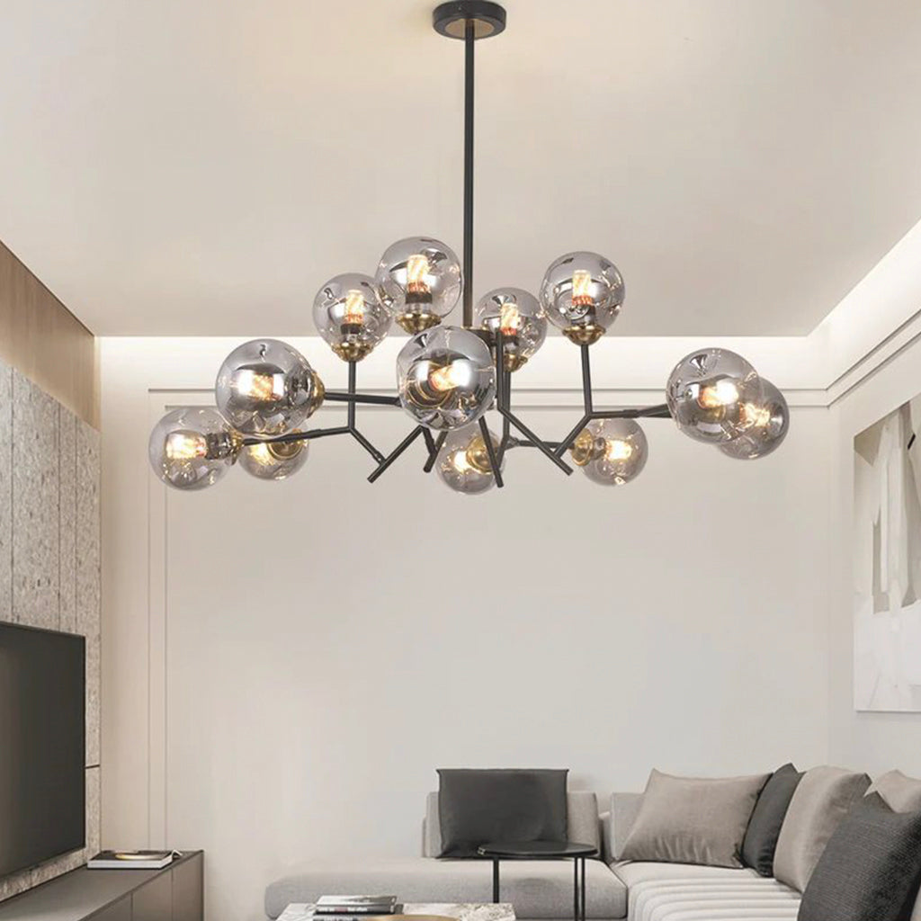 Chandelier Stylish Smokey Grey Glass Globe Bubble, 12 Lights