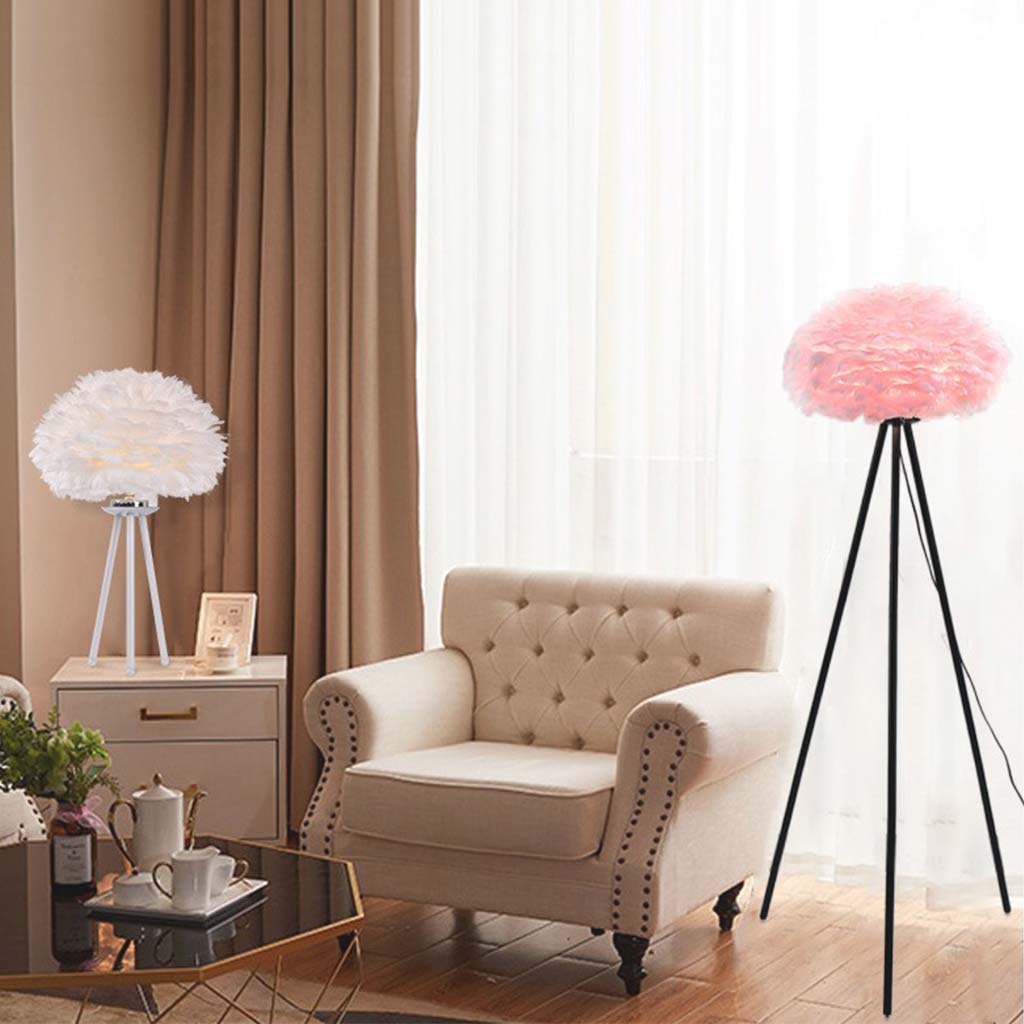 Tripod  Floor & Table Lamp Set with Goose Feather Shades, White/Pink