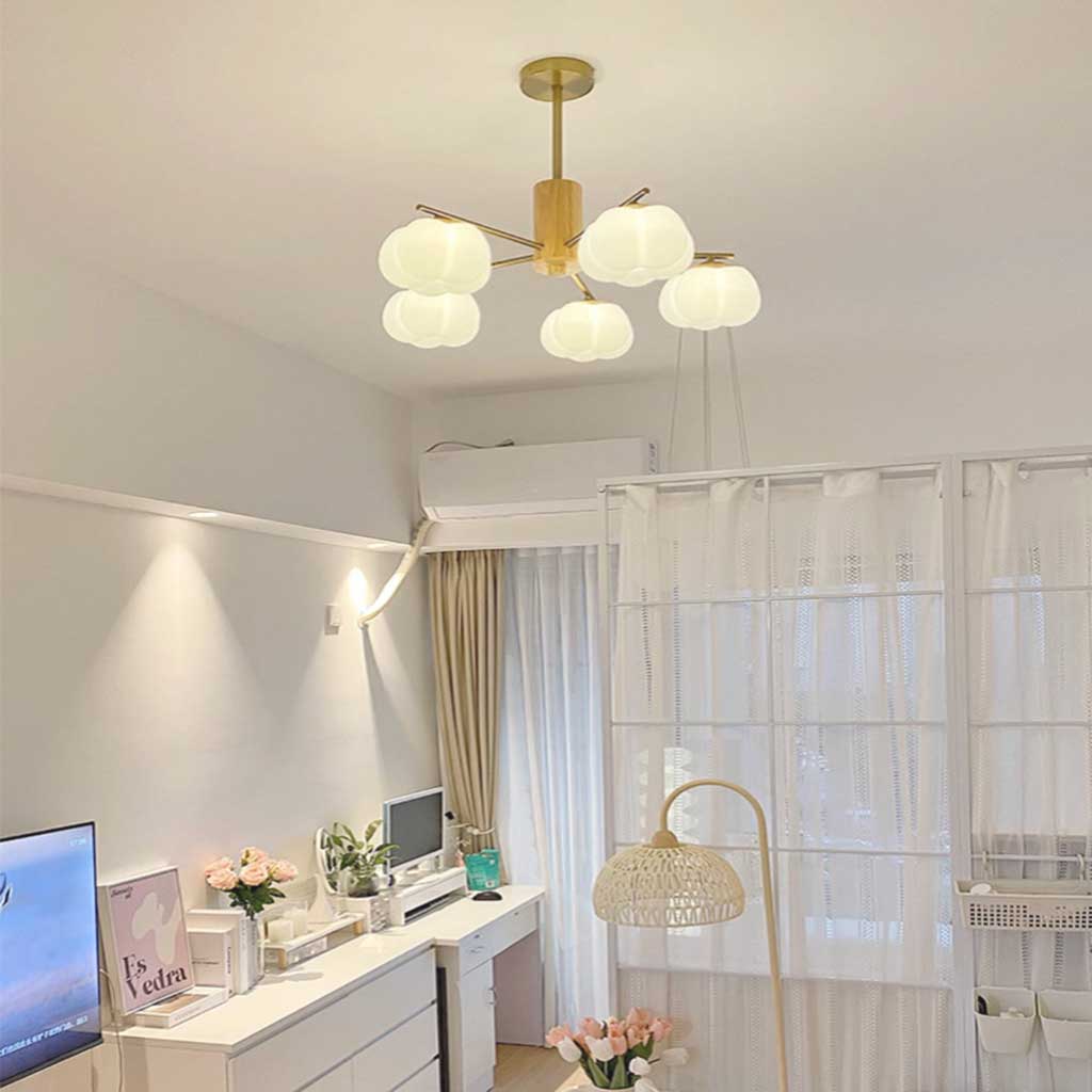 Chandelier Pendant Light Wood Modern Unique Cream Cotton, Multi Lights