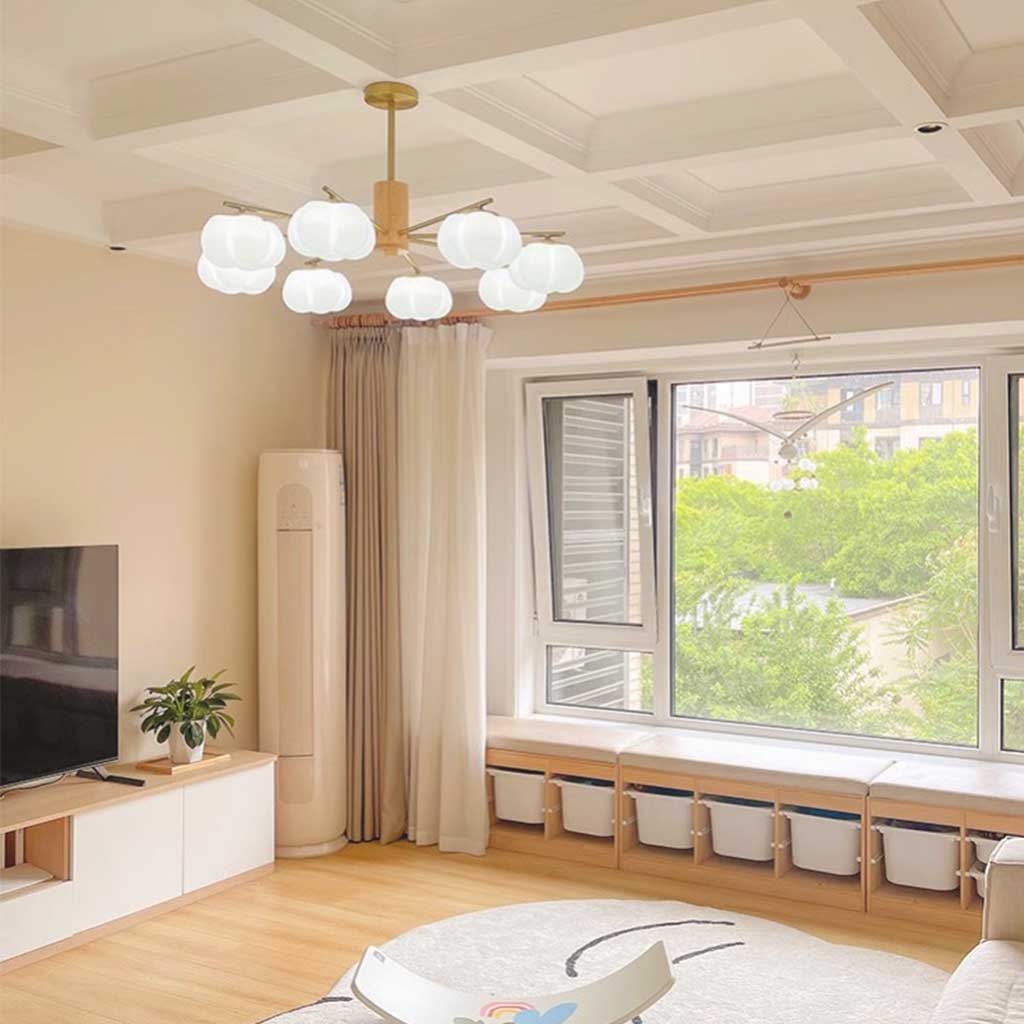 Chandelier Pendant Light Wood Modern Unique Cream Cotton, Multi Lights